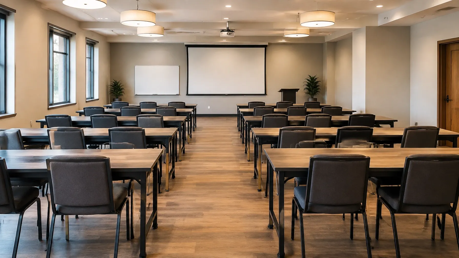 Revival Room workshop layout with rows of tables and chairs